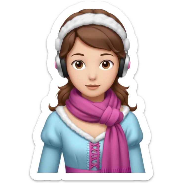 Victorian ice skater in a long dress. She is wearimg a scarf and earmuffs. She has brown hair. sticker