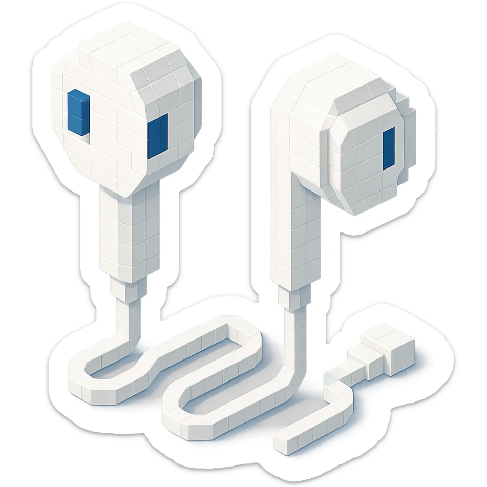 white Apple EarPods, isometric view, voxel style sticker