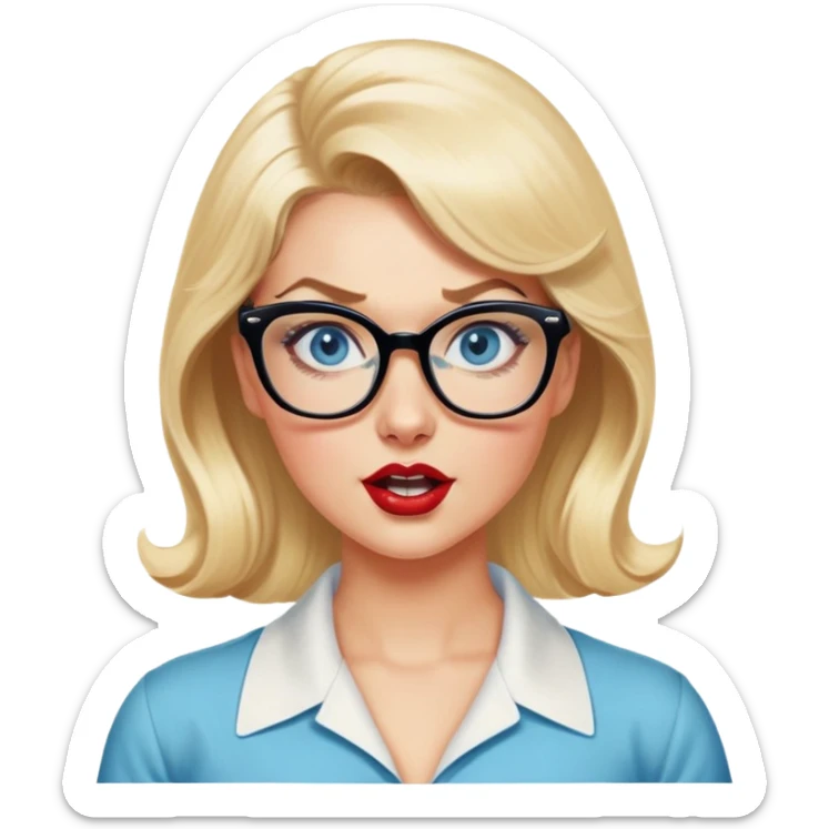 Blonde hair, blue eyed, wearing glasses 50's style pinup looking crazy sticker