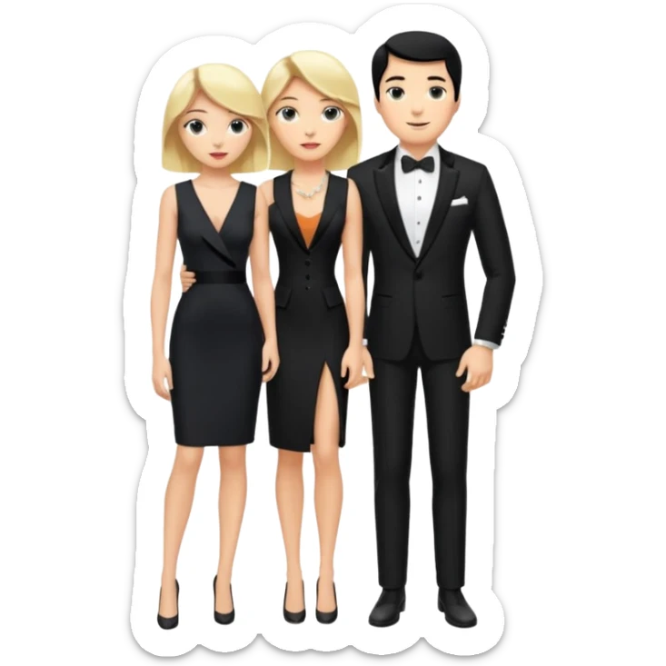 Blonde woman, black, Long, tight, sleveless Dress, Slot left Leg, man, black Hair, in Dinner jacket sticker