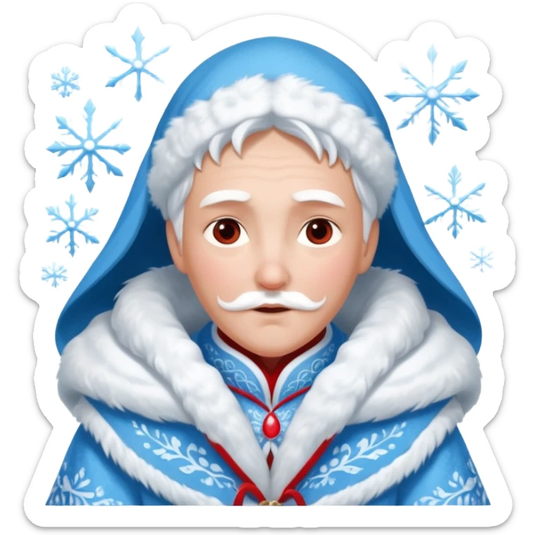 Legendary fantasy human Christmas portrait icon, Grandfather Frost and Snow Maiden style, traditional winter robe with fur, magical snow patterns, kind powerful expression, icy blue and white colors with red accents, classic Slavic winter fairy tale mood, clean readable emoji style, male/female sticker