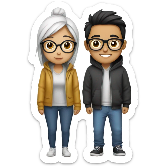 asian girl with glasses couple with mexican guy with glasses in hoodies cozy sticker