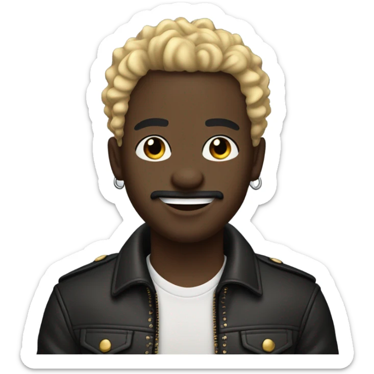 smiling darkskin boy hair in leather jacket with blonde curly hair and mustache and beard and multiple ear piercings  sticker