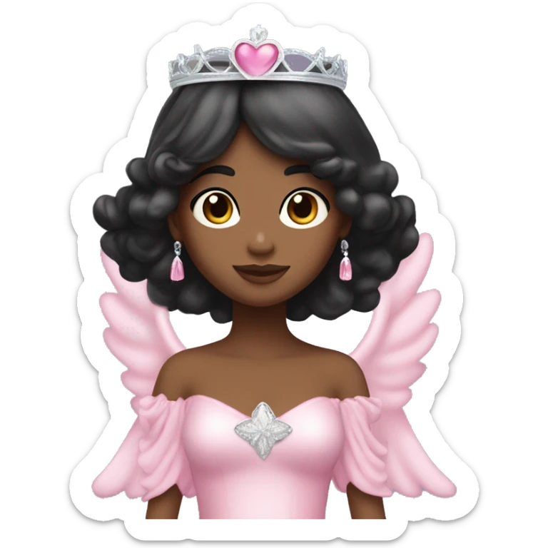 Princess with angel halo with long black hair with bang with silver pink heart tiara and pink dress sticker