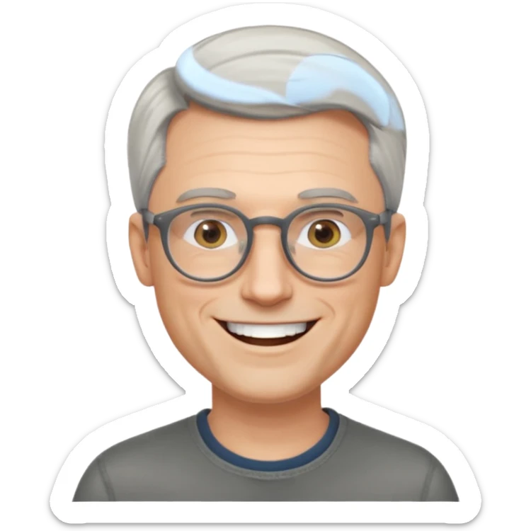 40 yr old pale white man, grey side swept hair, round glasses, big smile, white teeth, handsome, longer hair, thin glasses sticker