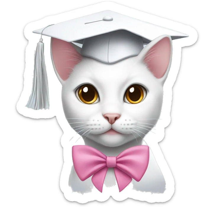 white she cat wirh brown eyes and a pink little bow, with a graduation cap sticker
