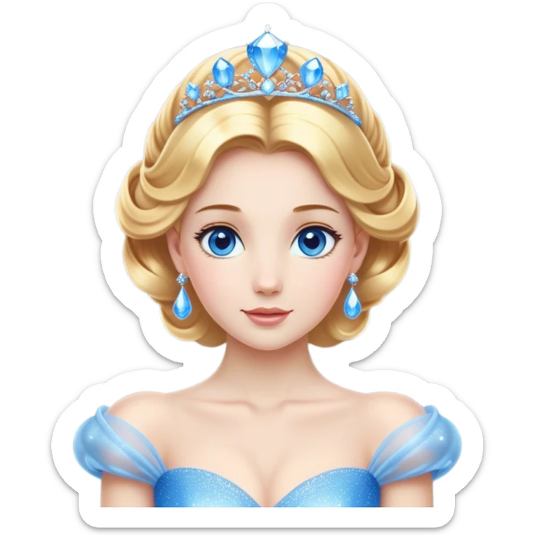 Cinematic Stunning Cinderella Portrait Emoji, Radiant in her sparkling blue ball gown, golden hair in a perfect updo, soft blue eyes full of wonder, glistening tiara, glowing with an ethereal beauty, regal yet kind, a dreamlike aura surrounds her, capturing the essence of a fairy tale princess, elegant and breathtaking! sticker
