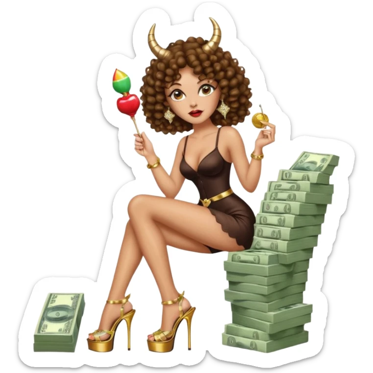 seductress evil brown curly haired sexy drug lord woman with clear glittery platform heels on her feet and horns on her head, holding a stack of cash and a lollipop in her mouth sticker