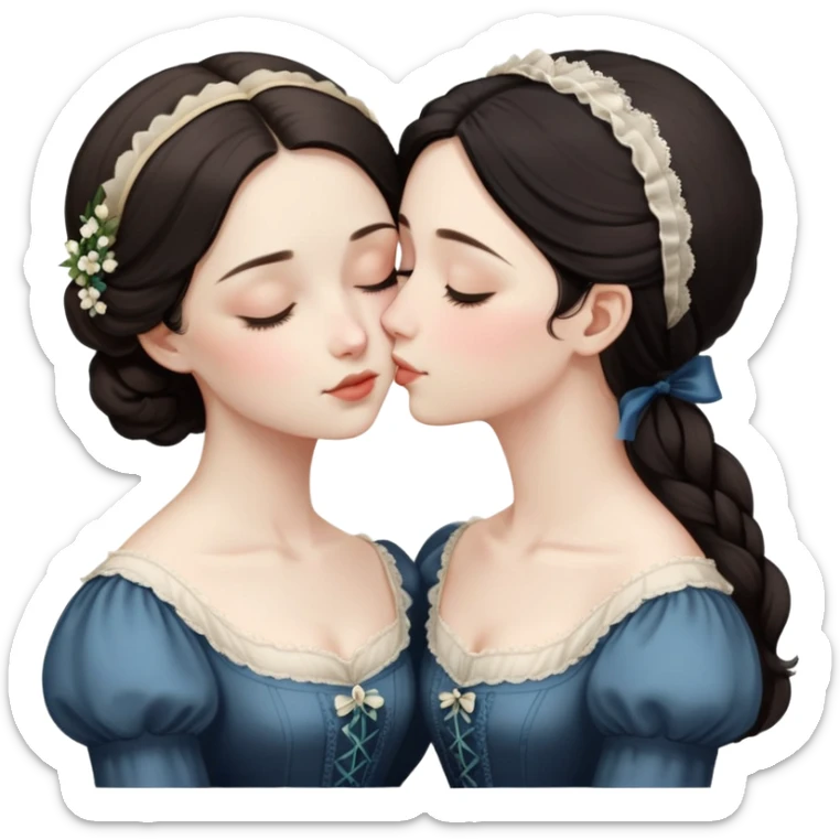 Two Victorian women sharing a gentle kiss, eyes closed, one with dark hair and one with light hair, both wearing modest dark Victorian dresses sticker