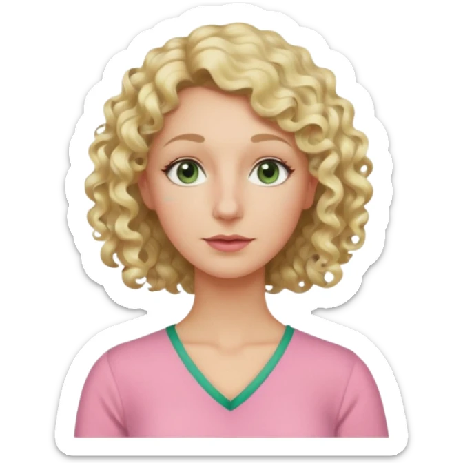 a woman in her late 40s and has greyish greenish eyes and blonde curly hair wearing a pink top  triangle nose sticker