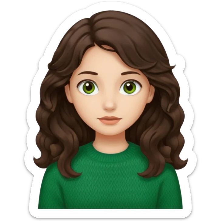 Una chica güera con pelo ondulado, café oscuro, largo, ojos cafés oscuros y con suéter o camisa verde sticker