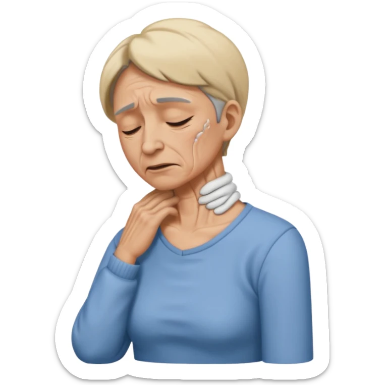 a person having a neck strain, and touching his neck (in pain). side view. he is wearing clothes sticker