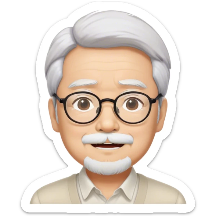 ​Cinematic Realistic Portrait of Hayao Miyazaki, depicted with defined black eyebrows, and large rectangular glasses, his happy expression rendered in lifelike detail, illuminated with soft, realistic lighting that emphasizes his creative genius, sticker