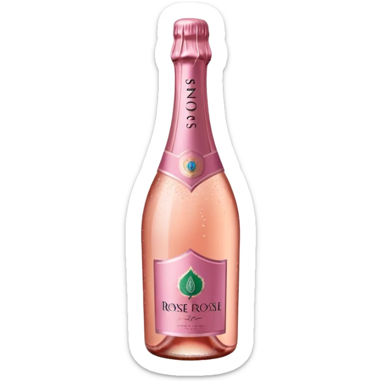 bottle of sparkling rosé with a rose logo on the label, angled to the left, no glass sticker