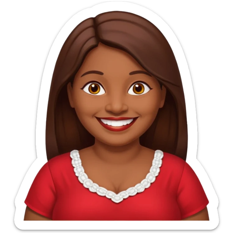 50 yr old chubby Sri Lankan woman, dark skin, straight brown hair, big smile, white teeth, red dress clothes, longer hair sticker
