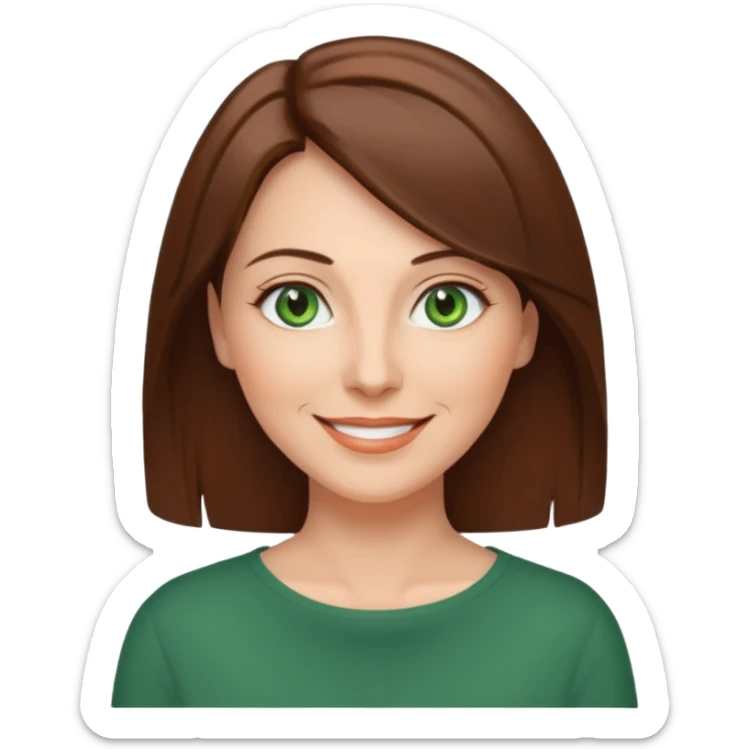 pretty middle age woman with green eyes and shoulder length straight brown hair casual sticker