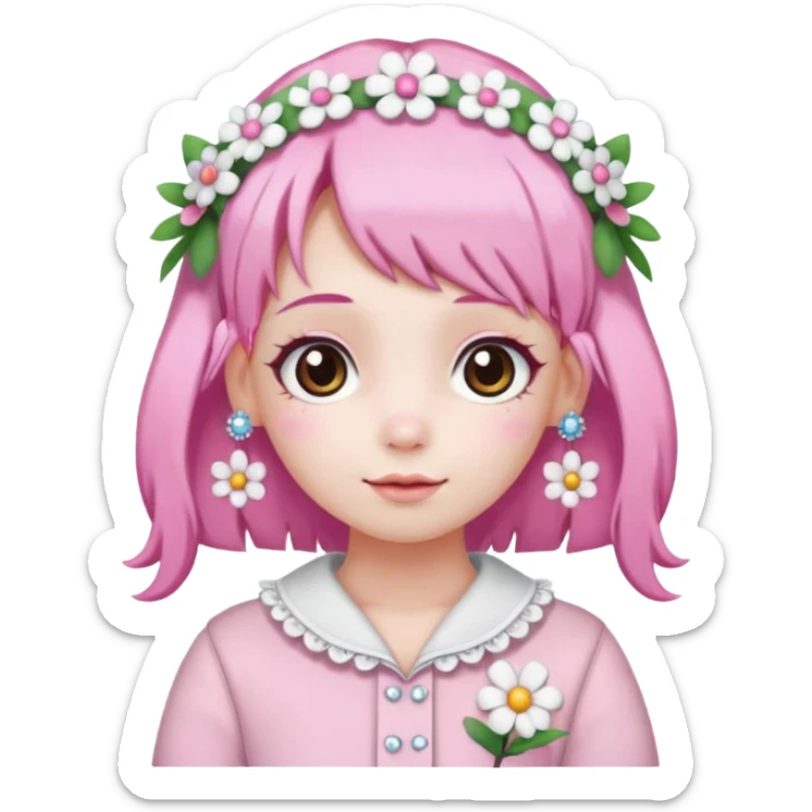 A girl with pink and white hair, adorned with flowers as hair accessories, wearing My Melody clothing.Let the girl be older  sticker