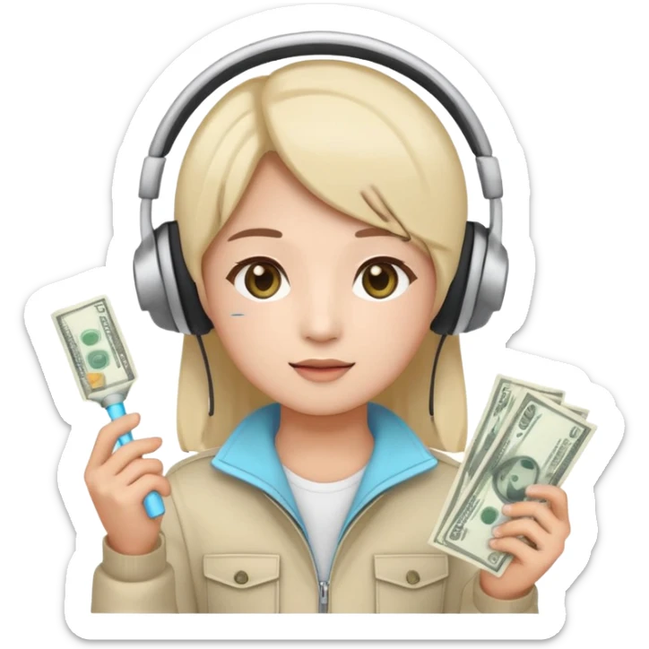cute emoji style illustration of a K-pop fan holding a bright lightstick in one hand and cash money bills in the other hand, wearing a large headset on the head, round face, simple eyes, flat vector style, soft colors, transparent background, clean outline sticker