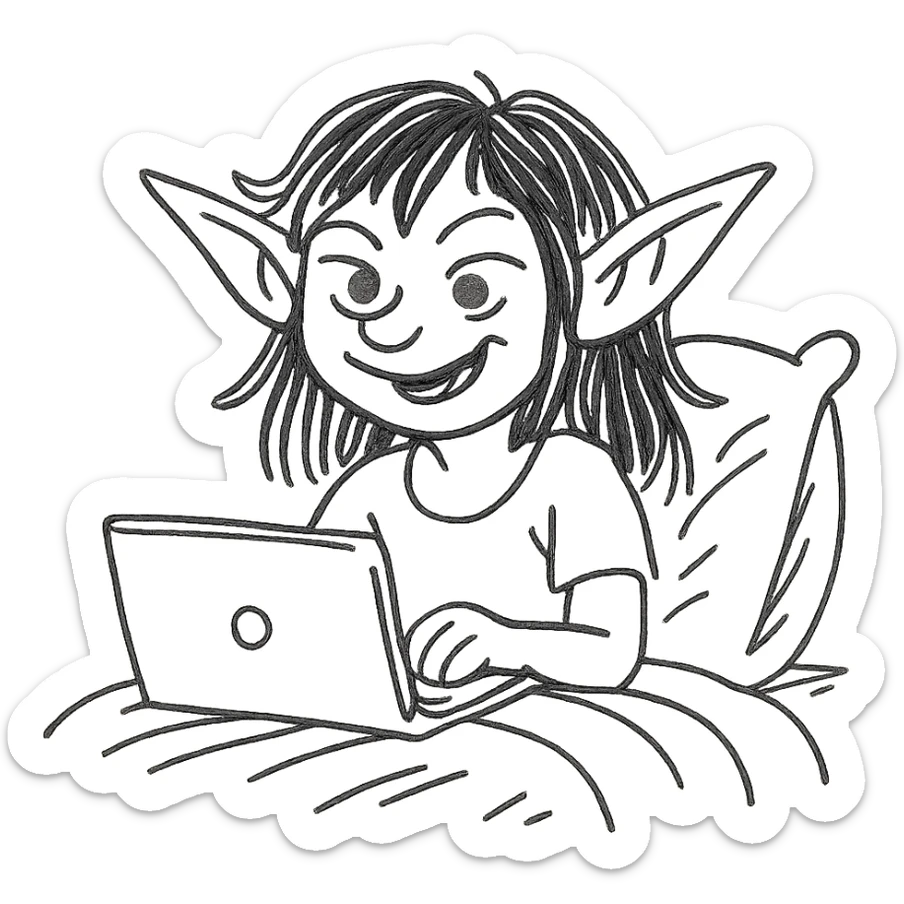 hand-drawn sketch style gremlin girl with dark brown hair, pretending to work from bed, playful, minimal background sticker