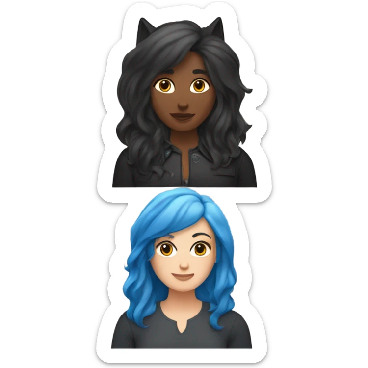 lesbians in love one with shoulder length black wolf cut and the other one id brunette with blue ends of her hair and they're both white sticker