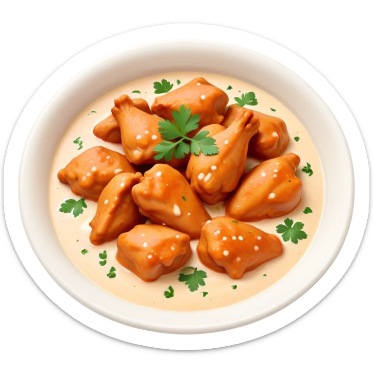 Butter Chicken Cinematic Realistic Butter Chicken Dish Emoji, depicted as tender chicken pieces sliced up and bathed in a creamy white sauce garnished with fresh cilantro, rendered with rich textures and vibrant, appetizing lighting. sticker