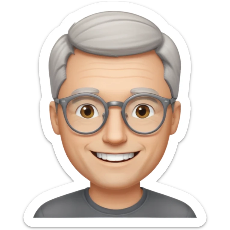 40 yr old pale white man, grey side swept hair, round glasses, big smile, white teeth, handsome sticker