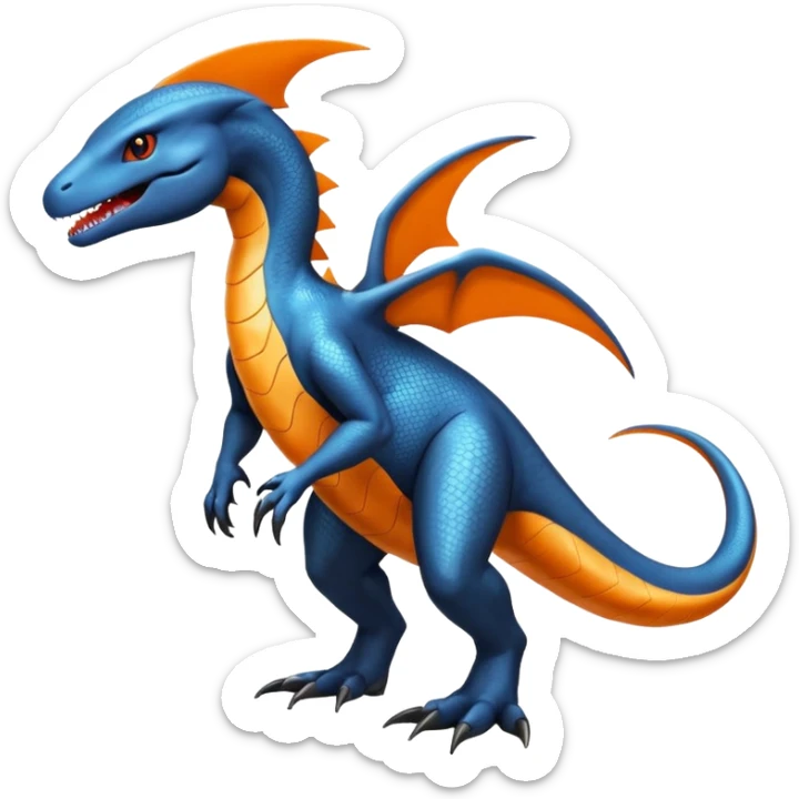 Shiny Black Koraidon-Latios-Salandit-Fakémon-hybrid-creature (full body) with orange belly sticker