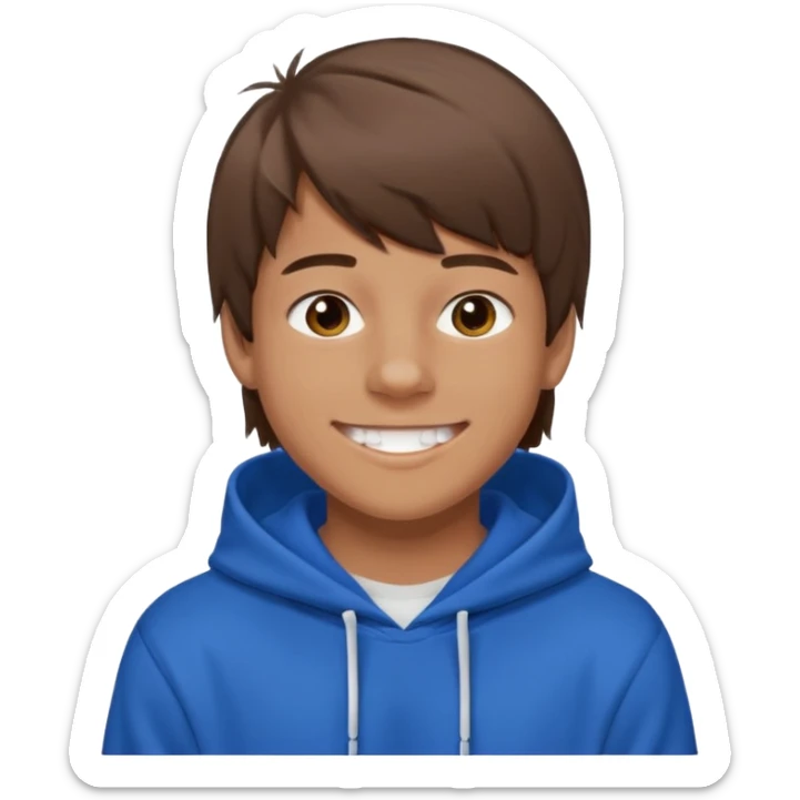 16 yr old boy, brown hair, straight, big smile, white teeth, tanned skin, bangs, hooded sweatshirt sticker