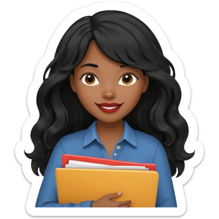 A young woman with long black hair, a wavy frange falling on half of her head. There's a long wavy stretch of hair falling on the side of her head. She's black, medium to dark skinned with thick lips. She's holding folders, and she's a CEO, but she's wearing casual clothes. sticker