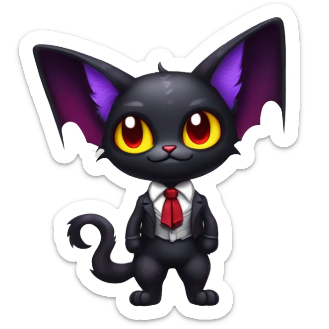 Cute-Evil-Vampiric-Batty-Cat-Black-Purple-Red-Yellow-Contrast-Colors-Fantasy-Fur-Sona-Chibi-Shiny-Fakémon-Hybrid with horns and big fangs neck bow white tie leg spats full body sticker