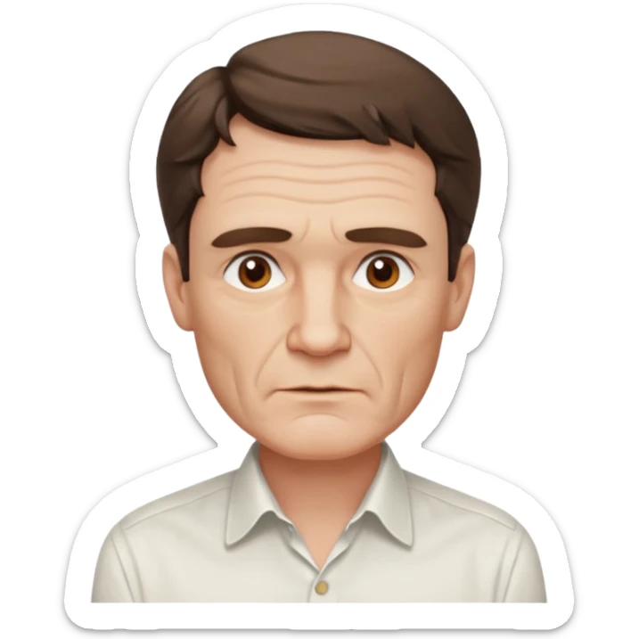 create an emoji of a man with wrinkles, square face. he has an English gentleman look, a few hairs at the chin no moustache with short wavy brown hair, brown eyes, pale skin, natural lips. he wears a white shirt sticker