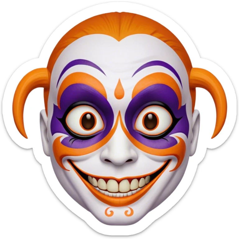 Juggalo smiley face that is Perfectly round and hairless with white skin with realistic human brown colored eyes and elaborate but symmetrical thin lined face paint from the top of the forehead down the sides of their chin to the bottom of their face that is orange outlined in dark purple, with an unrealistic anatomically impossible grin and look in their eyes that is menacing sticker