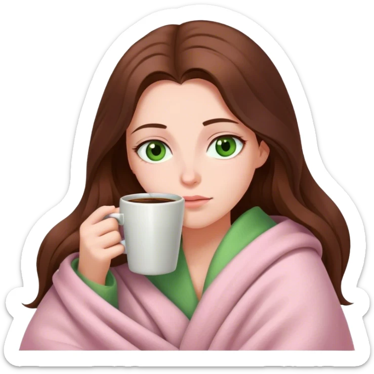 woman with very long brown hair and green eyes in a light pink blanket sleepy with coffee sticker