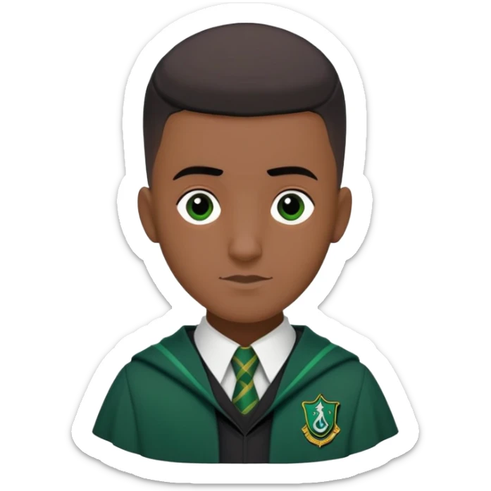 louis cordice is Blaise Zabini in harry potter, wear hogwarts slytherin uniform, Classic Buzz Cut hair, long face,thin, black skin sticker