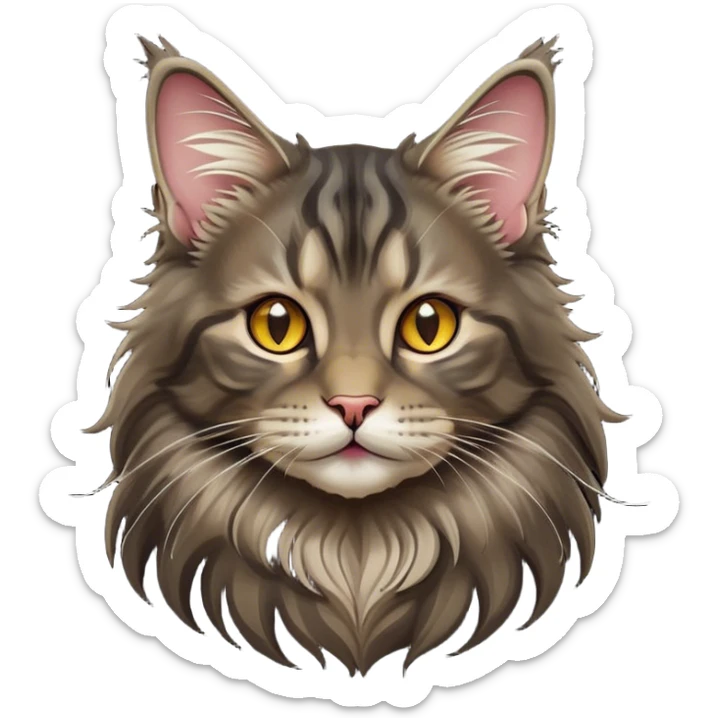 Cinematic Cute Maine Coon Cat Portrait Emoji, Head tilted playfully and inquisitively, sleek black tones, Simplified yet adorable features, highly detailed, glowing with a warm, friendly glow, high shine, curious and affectionate, stylized with a touch of whimsy, bright and alert, soft glowing outline, capturing the essence of a mischievous yet loving kitten, so endearing it feels like it could pounce out of the screen and play with its fluffy tail swishing! sticker