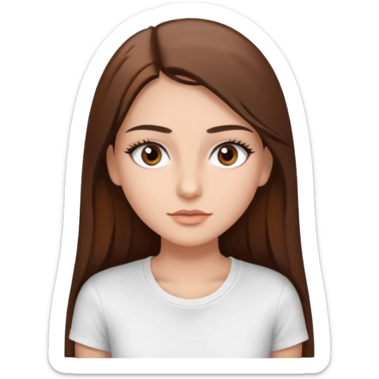 Chica de pelo liso ,largo clean look  y marrón con ojos color marrón  y una camiseta blanca y la piel blanca con pestañas y maquillada clean look  sticker