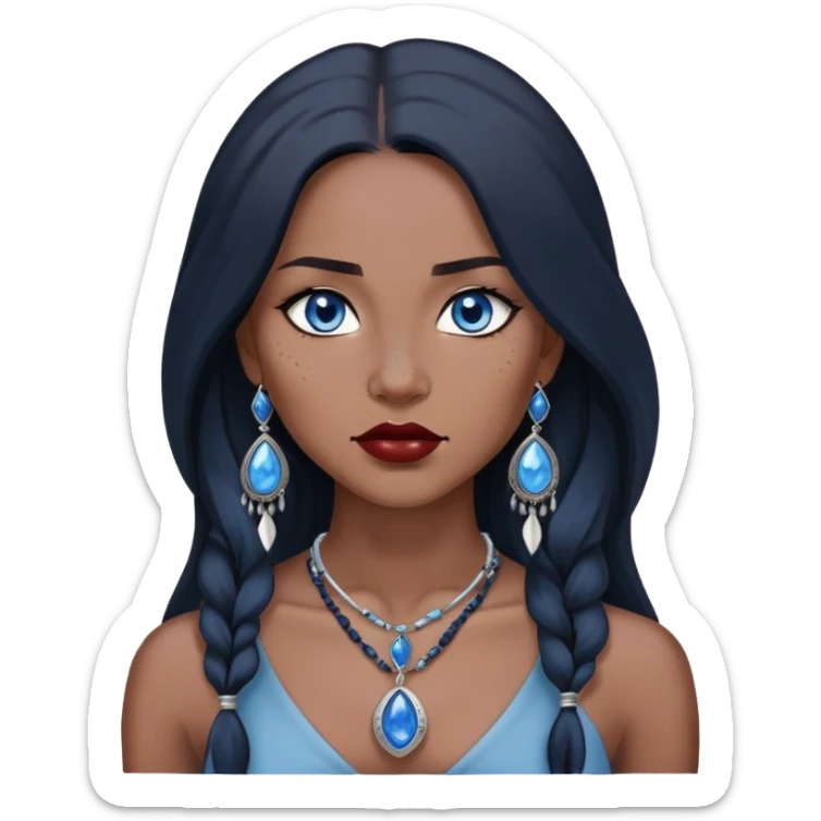 woman katara native american blue eyes dark skin freckles dark black long hair reddish lipstick necklace with sapphire pendant sticker