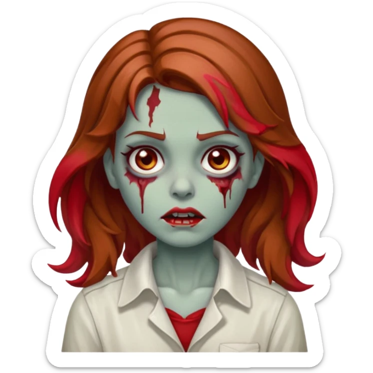 menina zumbi com cabelo ondulado, castanho meio claro meio ruivo, uma mecha vermelha e olhos castanhos  sticker