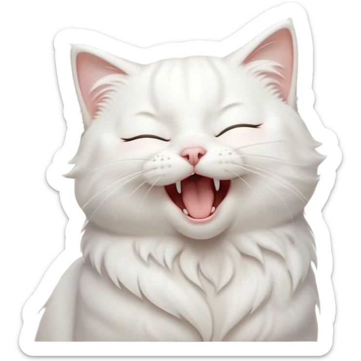Cinematic Cute Yawning White Cat Portrait Emoji, Head gently tilted with an endearing, wide-open yawn and softly closed eyes, showcasing a pristine white fur with delicate hints of silver, simplified yet irresistibly adorable, highly detailed, glowing with a tender, cozy radiance, high shine, exuding sleepy charm and gentle affection, styled with a soft glowing outline, capturing the essence of a white cat caught mid-yawn, radiating pure, adorable lethargy! sticker