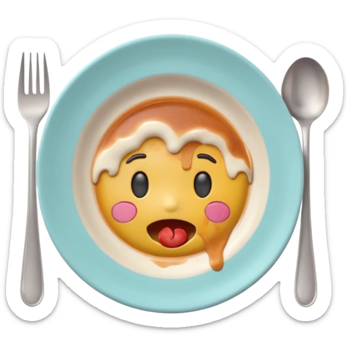 Cute 3D emoji of a dirty plate after eating, leftover food scraps, sauce stains on the plate, small fork and spoon resting on the plate, slightly messy but funny, soft pastel colors, rounded shape, clean background, kawaii style, expressive and playful, high quality, emoji style sticker