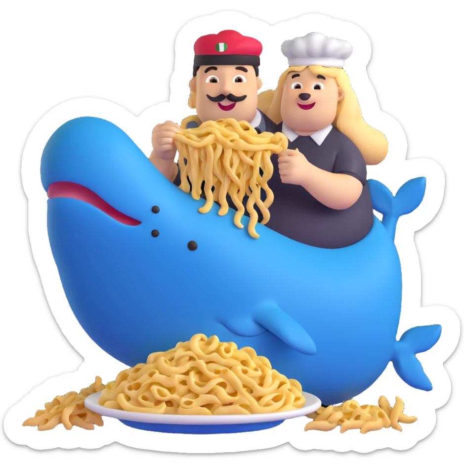 guy in Italy eating pasta with a huge, happy, fat whale of a dog wearing an Italy hat sticker