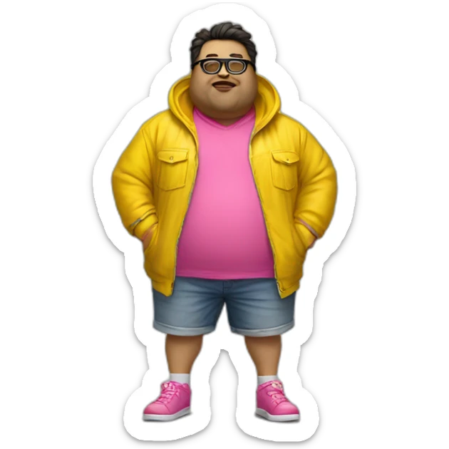 fat man with dark hair,a vibrant long yellow jacket, pink glasses, short jeans shorts. Show full lenght peson sticker