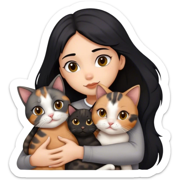 girl with black hair hugging three cats  (tortie cat, gray cat, brown calico cat) sticker
