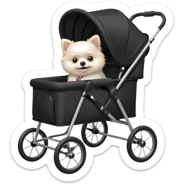 A white Pomeranian dog sits in a black baby stroller. A wheelchair with a folded roof. The image quality is ultra realistic. sticker