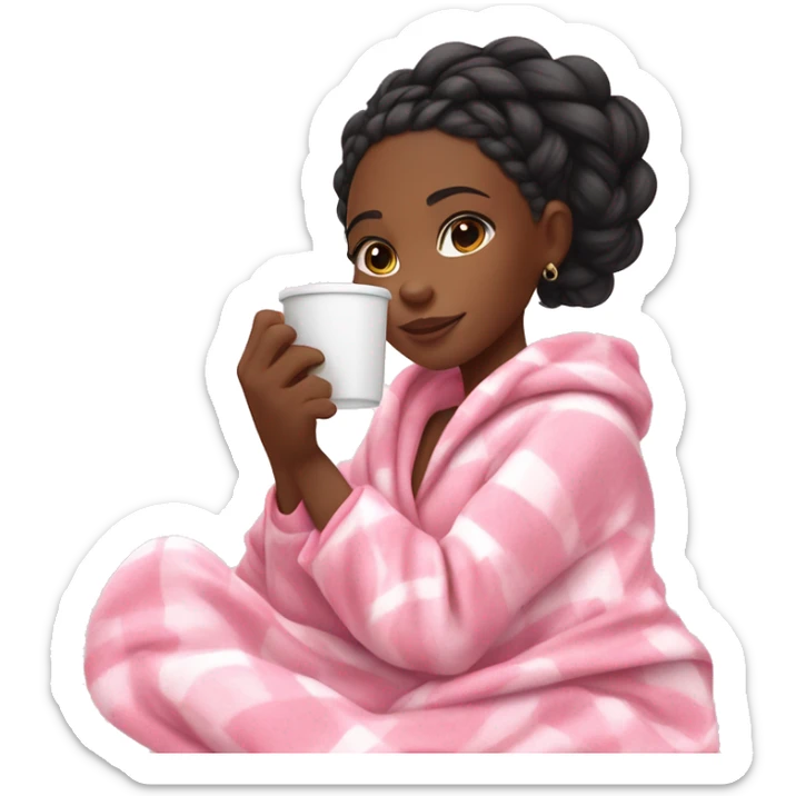 Black girl with goddess braids holding a cup of coffee while snuggling in a cozy pink blanket and cute pink and white pajamas  sticker