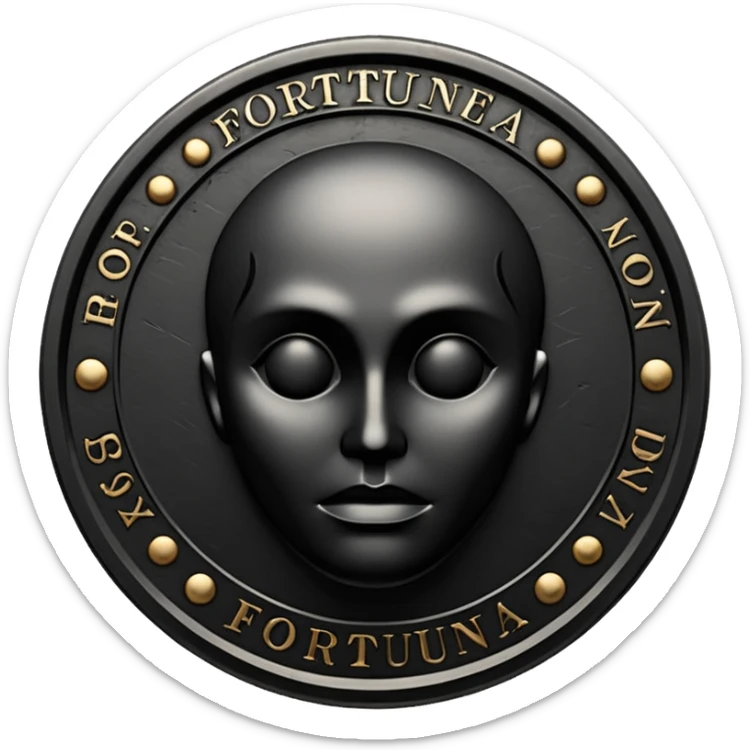 Emoji style, luxury gothic coin made of blackened metal, “FORTUNA” engraved in refined fashion typography, heavy sculptural form, subtle worn metal texture, avant-garde editorial aesthetic, no glow, no neon, flat emoji design, centered, transparent background sticker