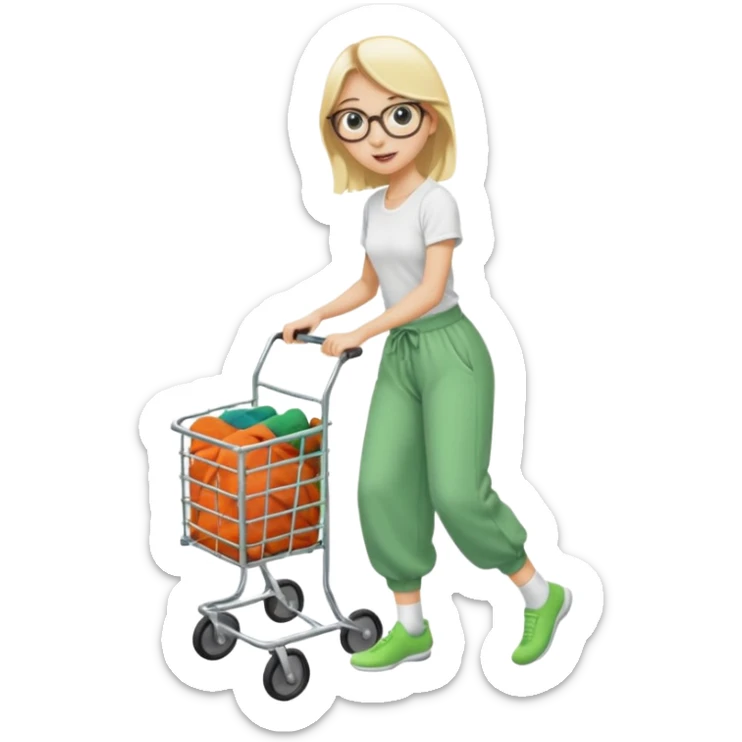 Fille blonde, pantalon d’Aladin vert. Lunettes ronde fine. Elle pousse un bac à roulette remplie de chaussettes  sticker