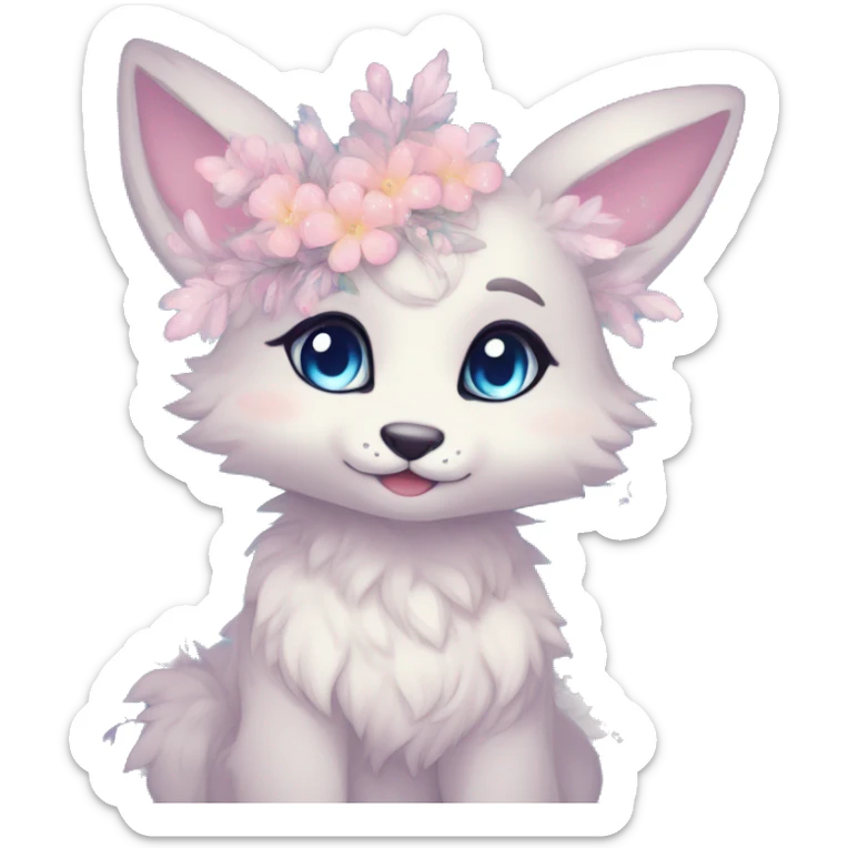 Anthro Cute Cool Blushing Pastel Innocent Shy Kawaii gorgeous sparkly ethereal fantasy anime animal creature with blue eyes furry sona with flowers and ribbons beautiful aesthetic sticker