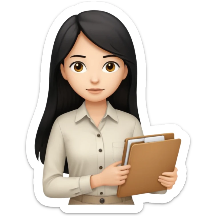 a light tan woman with long black hair past mid-back, round brown eyes, white button up shirt. holding manila folder sticker