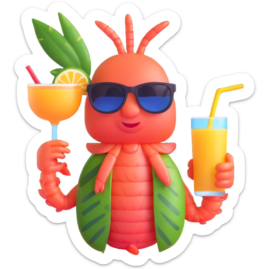 shrimp on vacation wearing sunglasses and a hawaiian shirt, holding a tropical drink, relaxing on a beach, memoji style sticker